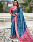 Blue Patola Contrast Zari Woven Bandhani Weaves Keri Pattern Silk Saree