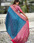 Blue Patola Contrast Zari Woven Bandhani Weaves Keri Pattern Silk Saree