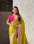 Mehendi Green Premium Soft Viscose Silk Zari Woven Baarat Postion Printed Pashmina Saree