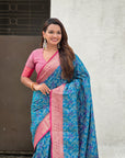 Blue Patola Contrast Zari Woven Bandhani Weaves Keri Pattern Silk Saree
