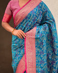 Blue Patola Contrast Zari Woven Bandhani Weaves Keri Pattern Silk Saree