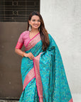 Sky Blue Patola Contrast Zari Woven Bandhani Weaves Keri Pattern Silk Saree