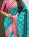 Sky Blue Patola Contrast Zari Woven Bandhani Weaves Keri Pattern Silk Saree