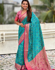 Sky Blue Patola Contrast Zari Woven Bandhani Weaves Keri Pattern Silk Saree