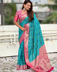 Sky Blue Patola Contrast Zari Woven Bandhani Weaves Keri Pattern Silk Saree