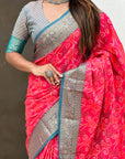 Pink Patola Contrast Zari Woven Bandhani Weaves Keri Pattern Silk Saree
