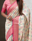 White Patola Contrast Zari Woven Bandhani Weaves Keri Pattern Silk Saree