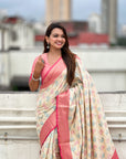 White Patola Contrast Zari Woven Bandhani Weaves Keri Pattern Silk Saree