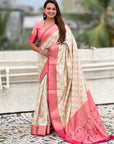 White Patola Contrast Zari Woven Bandhani Weaves Keri Pattern Silk Saree