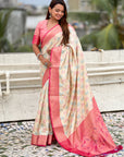 White Patola Contrast Zari Woven Bandhani Weaves Keri Pattern Silk Saree