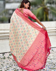 White Patola Contrast Zari Woven Bandhani Weaves Keri Pattern Silk Saree