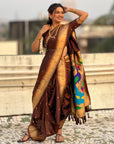 Coffee Nauvari Pathani Silk Zari Woven Muniya Border Saree