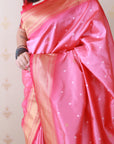 Baby Pink Bandhani Weaves Silk Saree with Classic Border & Peacock Pallu