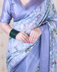 Grey Soft Georgette Floral Printed Zari Woven Saree