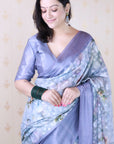 Grey Soft Georgette Floral Printed Zari Woven Saree