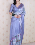 Grey Soft Georgette Floral Printed Zari Woven Saree