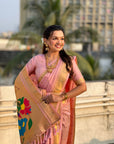 Light Pink Nauvari Pathani Silk Zari Woven Muniya Border Saree