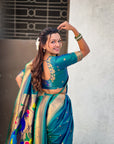 Peacock Blue Nauvari Pathani Silk Zari Woven Muniya Border Saree