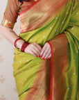 Mehendi Green Bandhani Weaves Silk Saree with Classic Border & Peacock Pallu