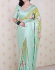 Pista Soft Georgette Floral Printed Zari Woven Saree
