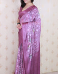 Wine Soft Georgette Floral Printed Zari Woven Saree