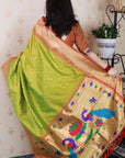 Mehendi Green Bandhani Weaves Silk Saree with Classic Border & Peacock Pallu