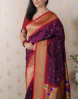 Wine Bandhani Weaves Silk Saree with Classic Border & Peacock Pallu