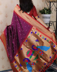 Wine Bandhani Weaves Silk Saree with Classic Border & Peacock Pallu
