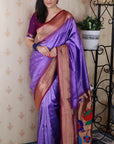 Lavender Bandhani Weaves Silk Saree with Classic Border & Peacock Pallu