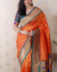 Orange Bandhani Weaves Silk Saree with Classic Border & Peacock Pallu