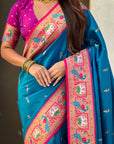Rama Blue Rajhans(Swan) & Peacock Meenakari Paithani Silk Saree