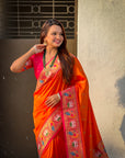 Orange Rajhans(Swan) & Peacock Meenakari Paithani Silk Saree