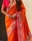 Orange Rajhans(Swan) & Peacock Meenakari Paithani Silk Saree