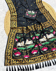 Black Soft Zari Woven Saree with Lotus Pichwai Concept Pallu