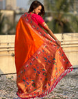 Orange Rajhans(Swan) & Peacock Meenakari Paithani Silk Saree