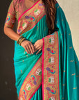 Aqua Blue Rajhans(Swan) & Peacock Meenakari Paithani Silk Saree