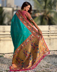 Aqua Blue Rajhans(Swan) & Peacock Meenakari Paithani Silk Saree