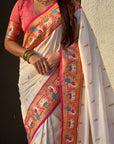 Cream Rajhans(Swan) & Peacock Meenakari Paithani Silk Saree