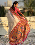 Cream Rajhans(Swan) & Peacock Meenakari Paithani Silk Saree