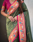 Dark Mehendi Green Rajhans(Swan) & Peacock Meenakari Paithani Silk Saree