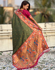 Dark Mehendi Green Rajhans(Swan) & Peacock Meenakari Paithani Silk Saree