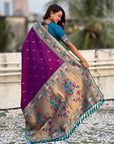 Purple Rajhans(Swan) & Peacock Meenakari Paithani Silk Saree