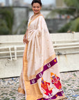 Cream Zari Woven Paithani Silk Saree with Vitthal Rukmini Pallu