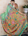 Pista Green Soft Tussar Silk Striped & Floral Printed Saree