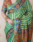 Pista Green Soft Tussar Silk Striped & Floral Printed Saree