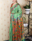 Pista Green Soft Tussar Silk Striped & Floral Printed Saree