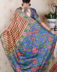 Brown Soft Tussar Silk Striped & Floral Printed Saree