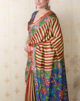 Brown Soft Tussar Silk Striped & Floral Printed Saree
