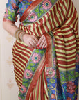 Brown Soft Tussar Silk Striped & Floral Printed Saree