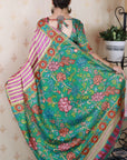 Pink Soft Tussar Silk Striped & Floral Printed Saree